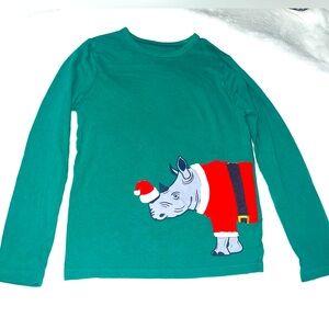 Mini Boden rhinoceros appliqué long sleeve Christmas shirt, size 9-10 yr
